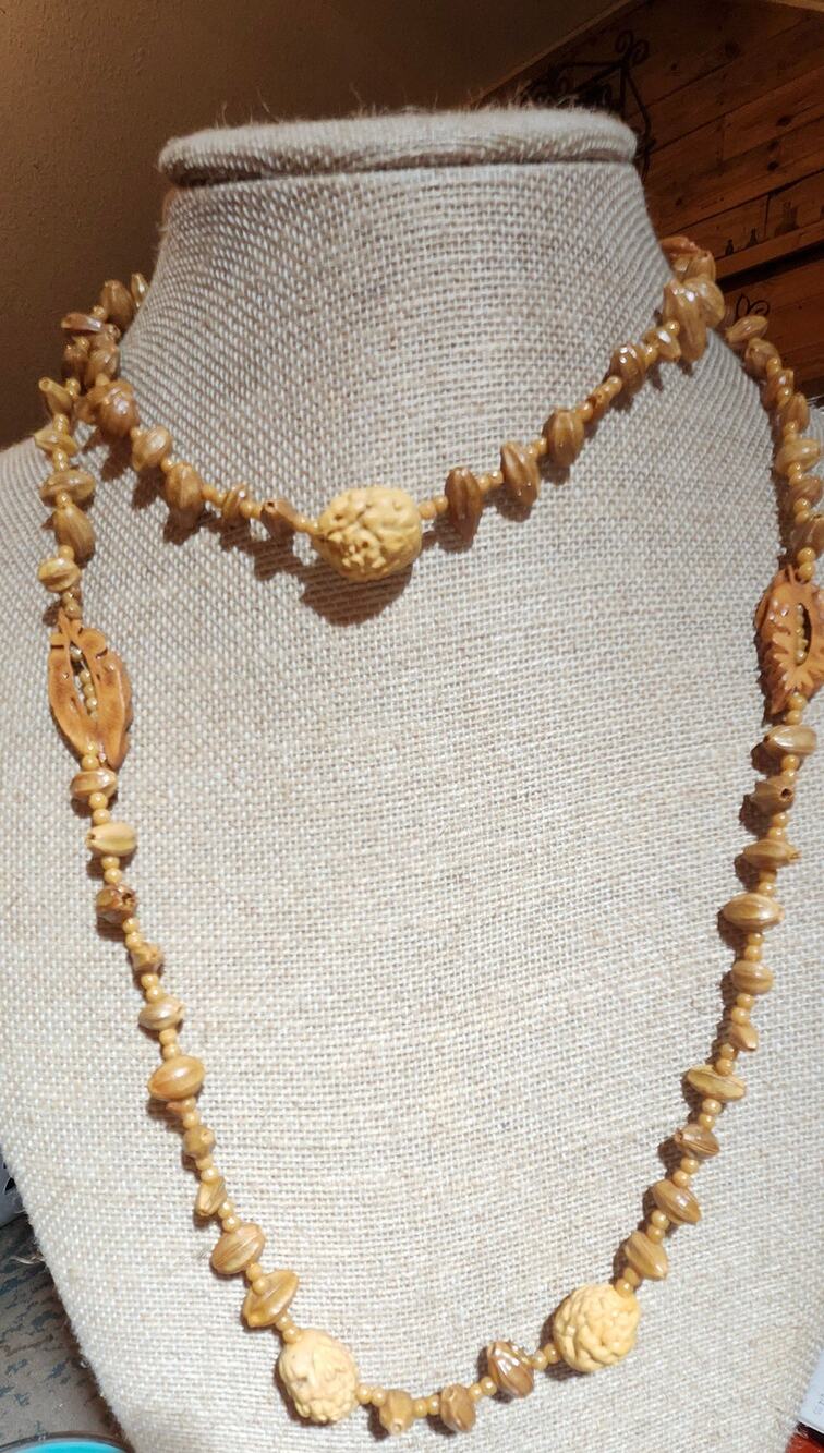 Vtg 60s- 70s Hand Carved Peach Pit & Seed Boho Statement Necklace 46”  #Folk Art